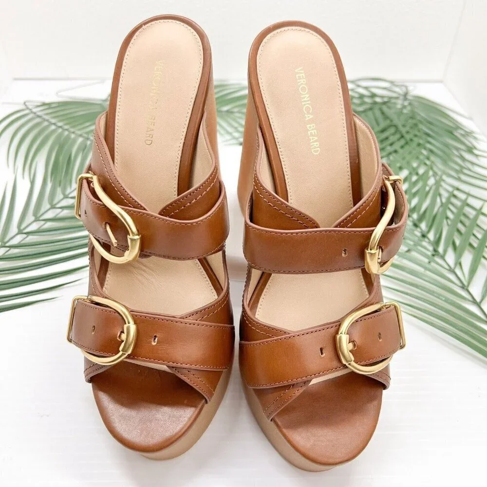 Veronica Beard Garrick Brown Leather Dual Buckle Platform Sandals Size 9M NWB